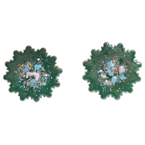 1950s Copper Enamel Clip On Earrings Retro Starburst Geometric Shape Glass Frit - Picture 1 of 9